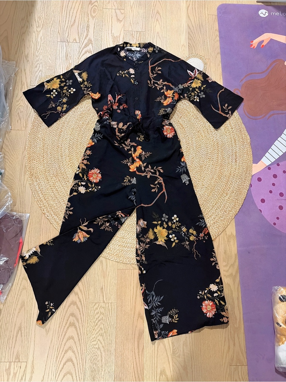 Women’s Black Floral Wide-Leg Jumpsuit with Button Front